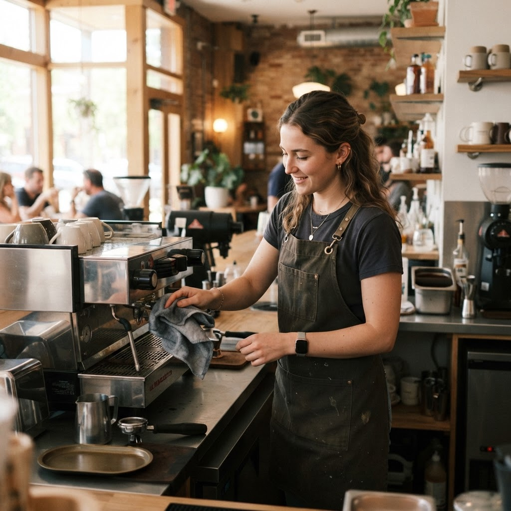 Cafe barista cleaning an espresso machine behind the counter