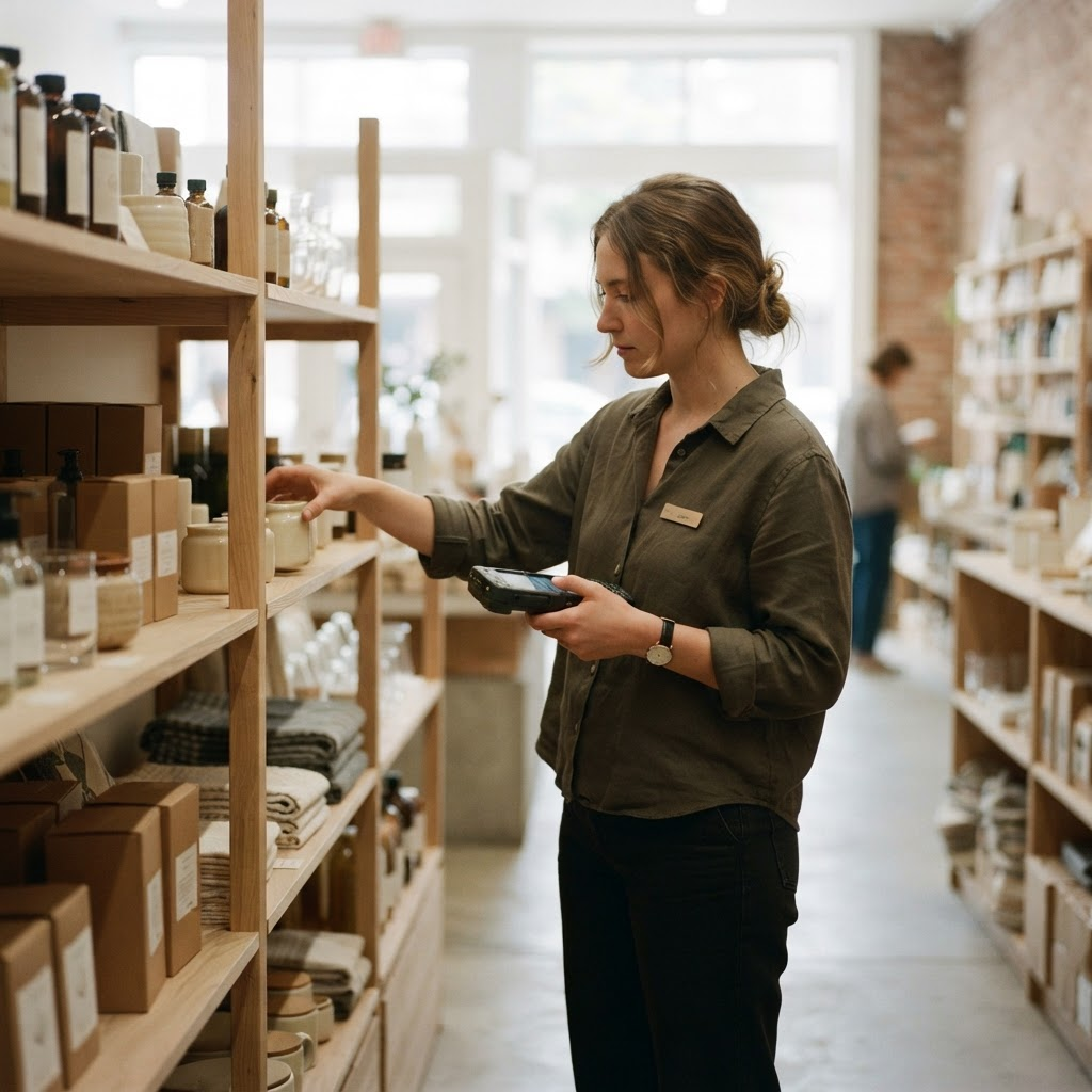 Retail employee arranging products and checking inventory on a shelf