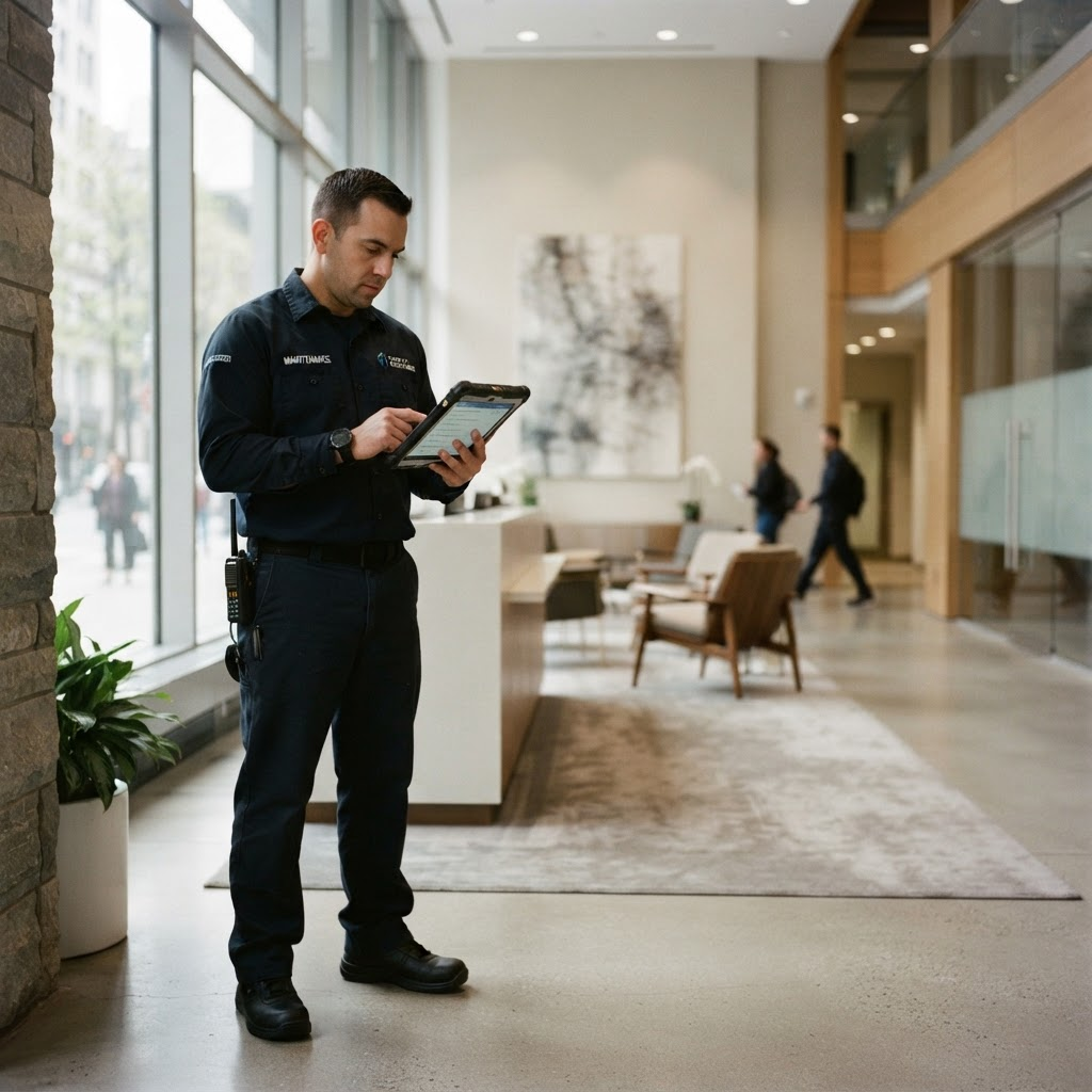 Service business staff member checking a maintenance task on a tablet